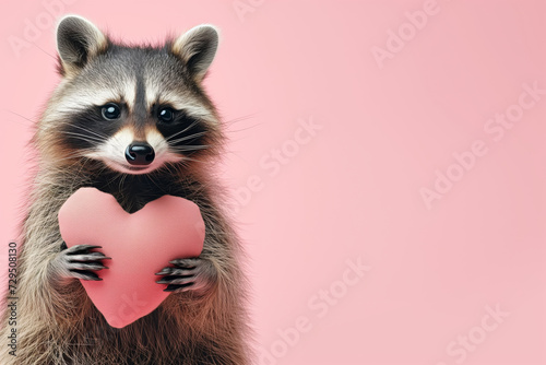 Beautiful cute raccoon holding a plush heart on a pink background with space for your text © Alina Zavhorodnii