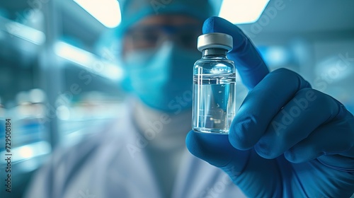 Blurred photo of a doctor in a mask, white coat and protective gloves holds the medicine in a glass ampoule. Close-up photo of vaccine vial.