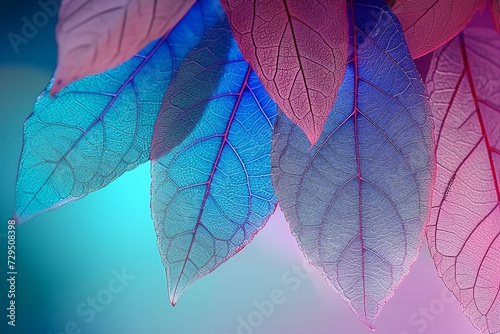 Macro leaves background texture blue, turquoise, pink color. Transparent skeleton leaves. Bright expressive colorful beautiful artistic image of nature. generative ai.