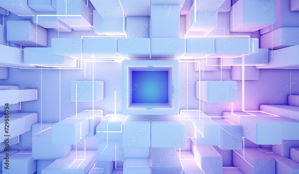 Fototapeta premium Abstract volume background composition of variously sized cubes in soft lavender and blue hues, creating a glowing, magical depth