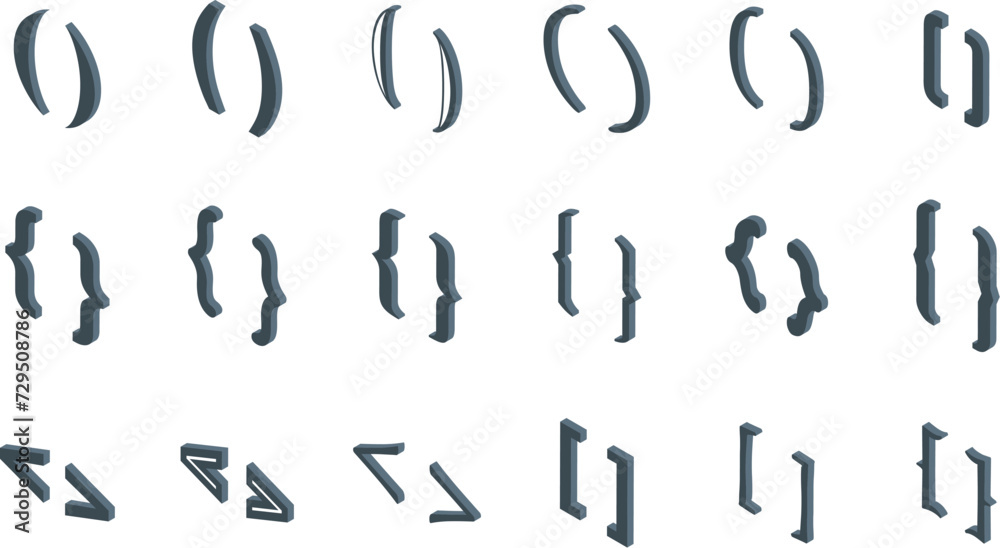 Bracket parenthesis icons set isometric vector. Open close curly. Text braces Bracket parenthesis icons set isometric vector. Open close curly. Text braces