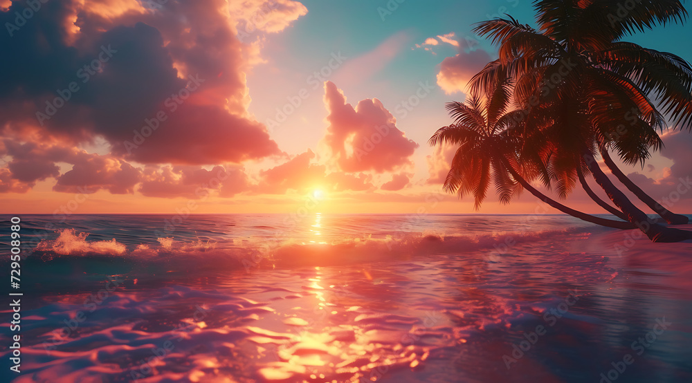 beautiful sunset by the beach with palm trees and wav