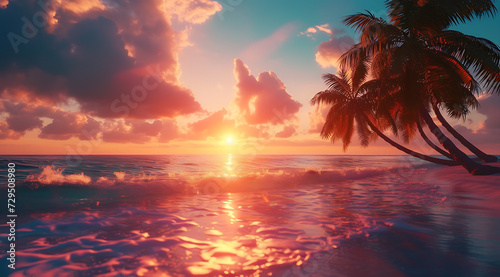 beautiful sunset by the beach with palm trees and wav © AQsd
