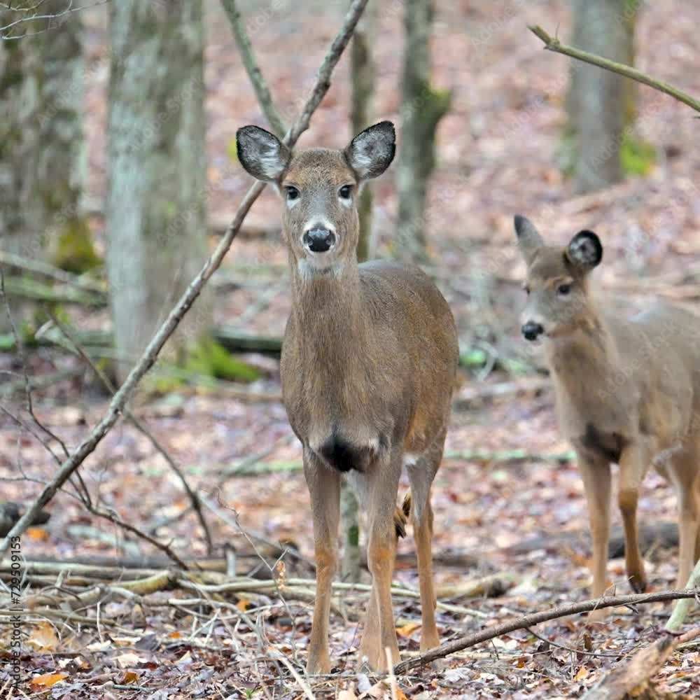 3 Whitetail deer in the woods. Large female doe, the mother of the two yearlings stare me down in the woods on our property in Windsor in Upstate NY this Winter. 3 Whitetail deer in the woods. Large female doe, the mother of the two yearlings stare me down in the woods on our property in Windsor in Upstate NY this Winter.