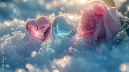 Winter snow season with 2 brightly colored heart-shaped gems, light pink, light blue transparent gems on white snow, and a bouquet of pink roses set off, gems engraved with the word "love"