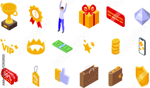 Exclusive benefits icons set isometric vector. Reward loyalty gift. Member special