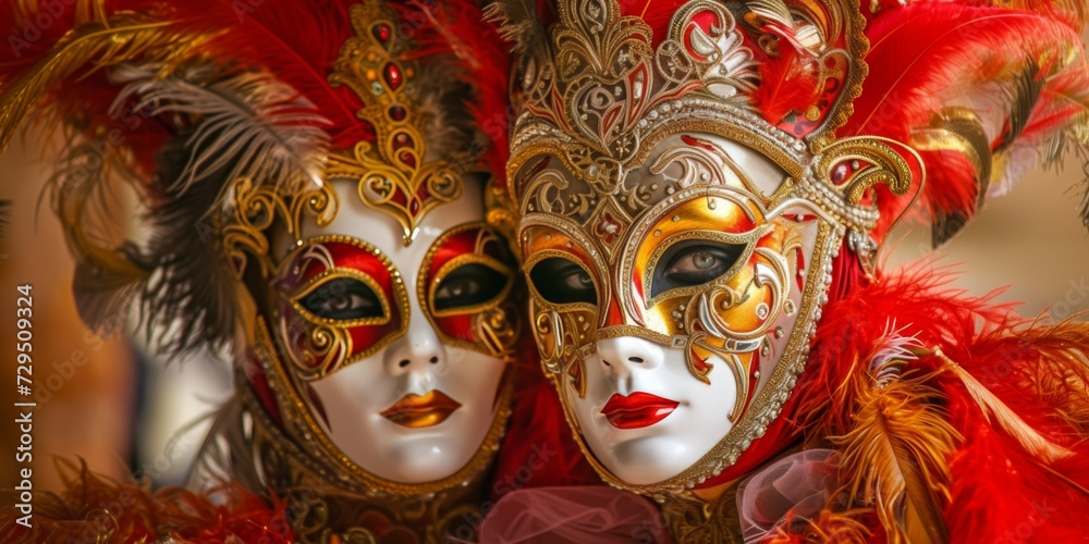 Vibrant Venetian Carnival, Filled With Masquerade, Feathers, And Golden Masks In Venice, Italy. Сoncept Romantic Parisian Streets, Eiffel Tower Backdrop, Love Lock Bridge, Cafe Culture In Paris