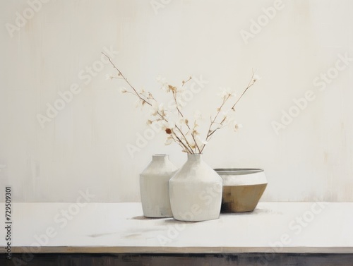 Two white vases are placed on top of a table.