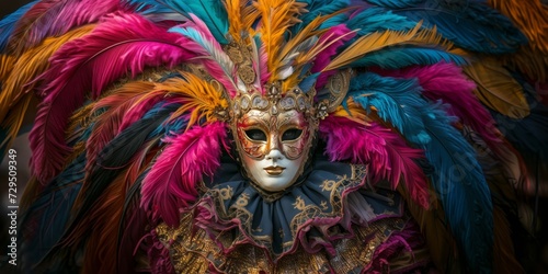 Enchanting Venetian Carnival: A Spectacle Of Masquerade, Feathers, And Golden Masks In Venice, Italy. Сoncept Surreal Landscapes, Capturing The Beauty Of Mountains, Waterfalls