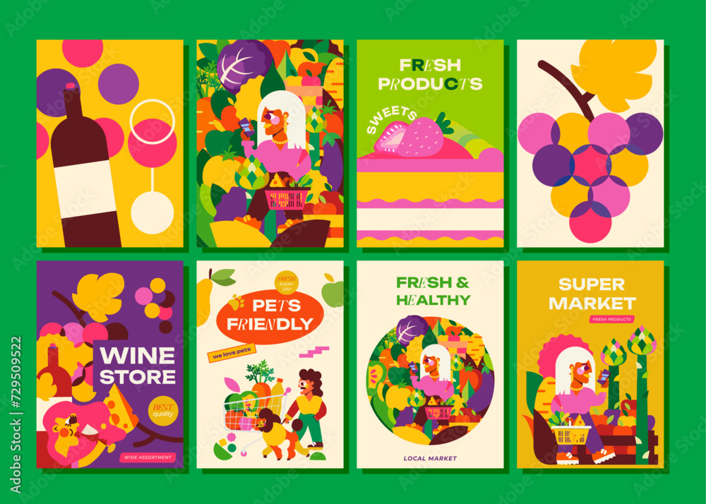 8 posters. 
Vegetables, fruits, sweets, wine and cheeses. These posters are visual stories that enhance the shopping experience.
Suitable for supermarkets, small shops and cozy vegetable stalls