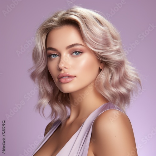 Portrait of beautiful young woman with long blonde hair and bright makeup on purple background. Attractive caucasian girl with healthy skin of face. Beauty face of white model. White girl beauty.