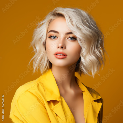 Attractive caucasian girl with healthy skin of face. Beauty face of white model. White girl beauty. Portrait of beautiful young woman with blonde hair and  bright makeup on orange background.