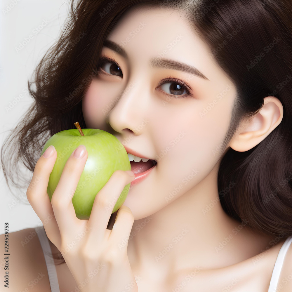 woman eat green apple on white background woman eat green apple on white background