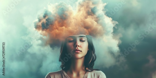 Woman Symbolically Represents Mental Health Struggles With A Dreamy, Cloudfilled Mind. Сoncept Mental Health Awareness, Symbolic Representation, Dreamy Mind, Cloud-Filled Thoughts