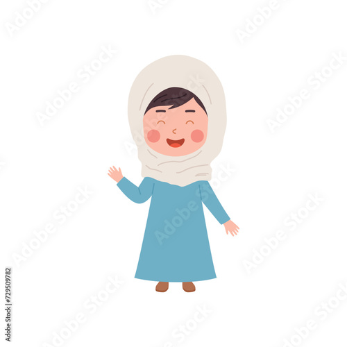 Muslim girl laughs raised hand up in national Arab clothing hijab and long dress, vector cartoon Islamic religious kid