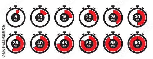 Stopwatch timer set of 12 in red color 5-minute clock on white background. Set of timers. Stopwatch icons. Countdown 5, 10, 15, 20, 25, 30, 35, 40, 45, 50, 55, 60 minutes - Vector Icon