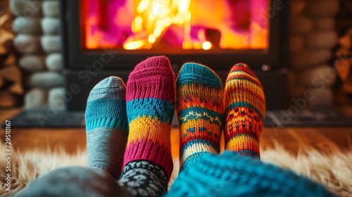 A pair of vivid socks warming their soles by the fireplace amid the winter and space, Generative AI.
