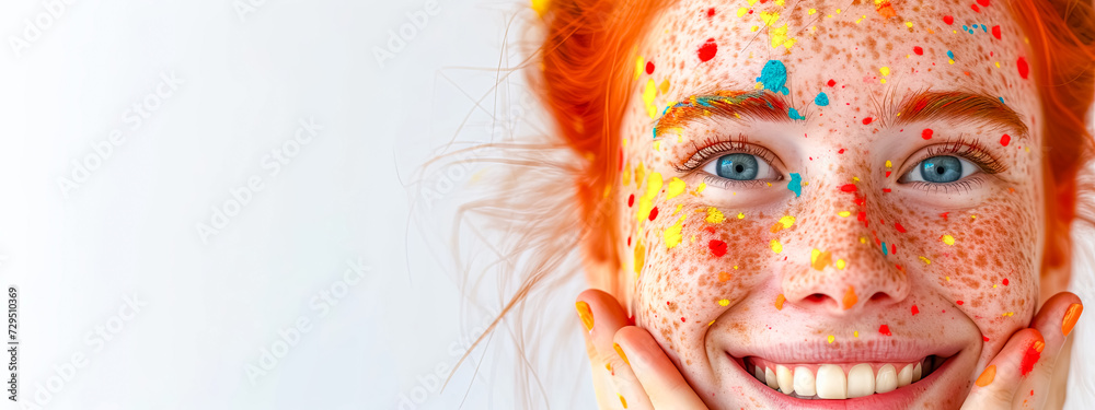 Joyful Redhead Woman with Freckles and Colorful Confetti on White Background