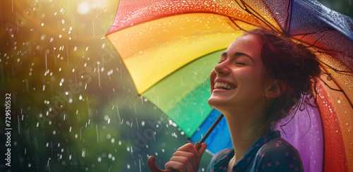 Girl laughing and happy under umbrella during rain, good mood in rainy weather with rays of sunshine