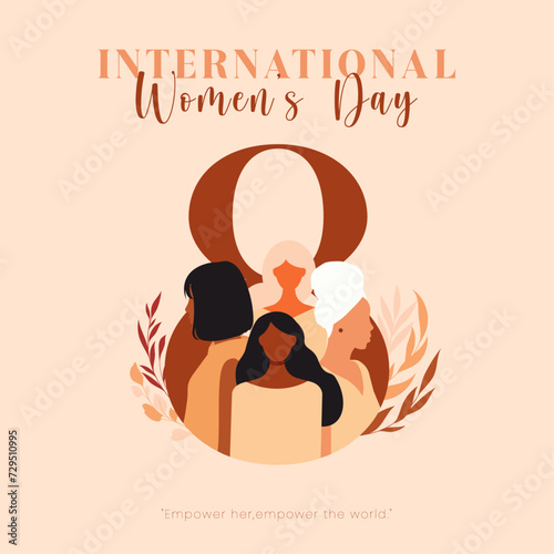 International women's day poster 8 symbol background with women different nationalities vector illustration social media post