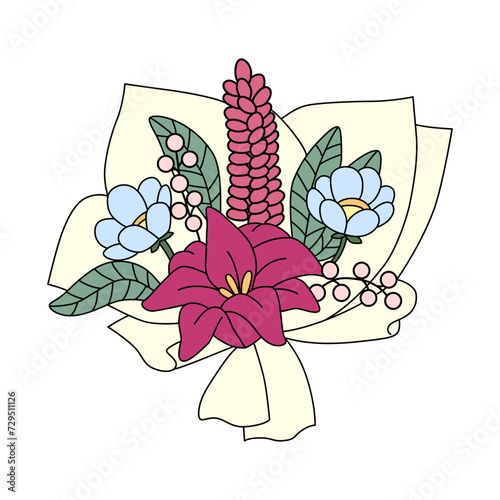 Flower bouquet illustration in cartoon style. Isolated on white