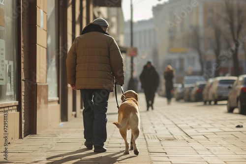 Guide dog helping blind man in the city.