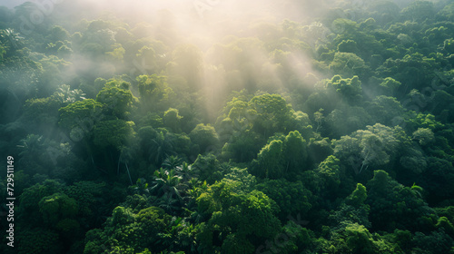 An awe-inspiring aerial view of a dense tropical rainforest with sunlight filtering through the canopy. photo