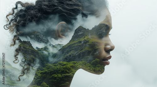 Double exposure of woman and nature