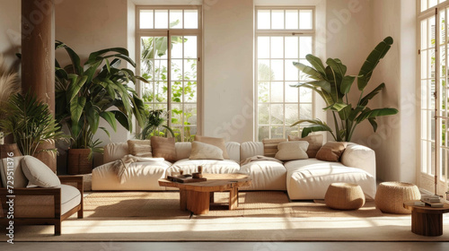 serene minimalist living room with natural wood accents, sliding glass doors, and a calming zen-inspired design.