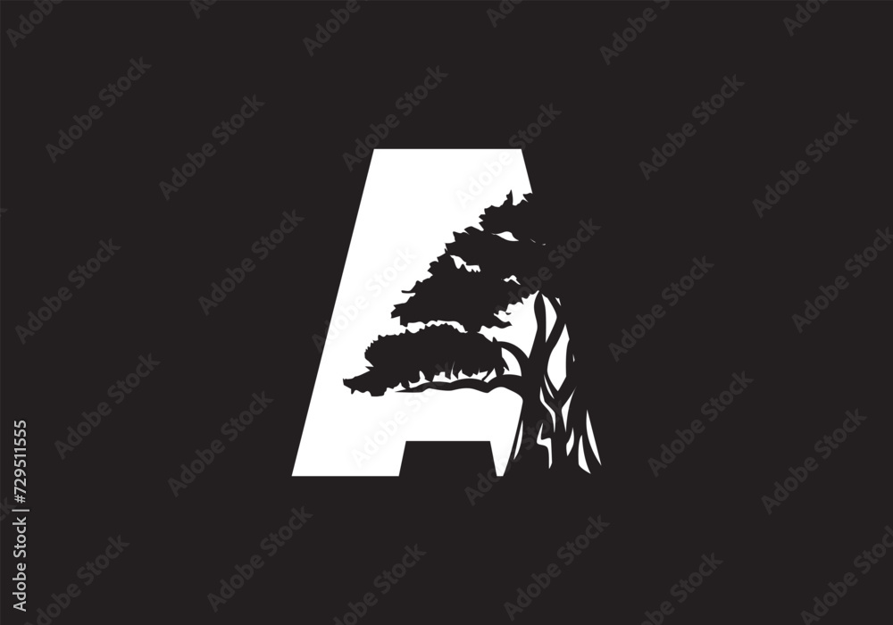 Fototapeta premium Abstract A Logo Letter and Tree Branches with green, black, white. Tree Letter Design with Minimalist Creative Style.
