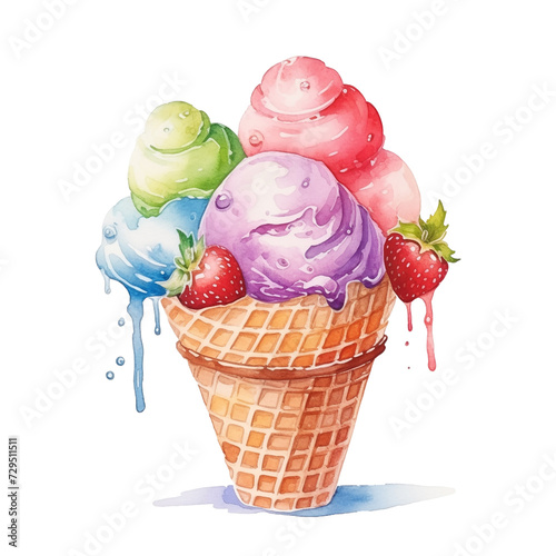 Watercolor colorful ice cream cone with dripping scoops and strawberries isolated on white background.