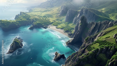 Aerial view of a remote coastline with dramatic cliffs plunging into the azure sea below, secluded beaches nestled between rocky outcrops
