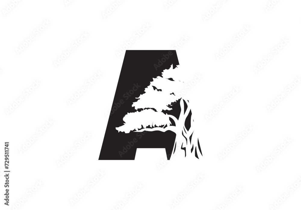 Fototapeta premium Abstract A Logo Letter and Tree Branches with green, black, white. Tree Letter Design with Minimalist Creative Style.