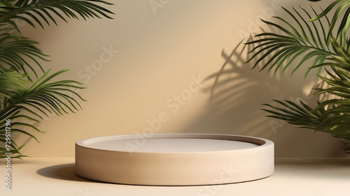 Empty podium on light background with palm leaves on two sides  space for copy. Beautiful illustration with podium for advertising cosmetics and other products  space for text  tropical leaves