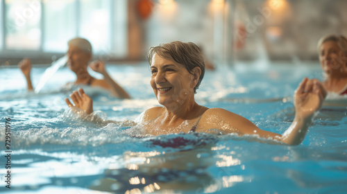 Frau ist in einem Schwimmbad und macht Sport oder Aerobic oder Gymnastik