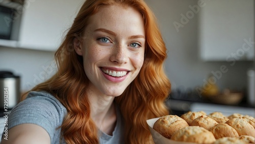 Cheerful young redhead woman smiling  holding a tray of freshly baked muffins in a modern kitchen.