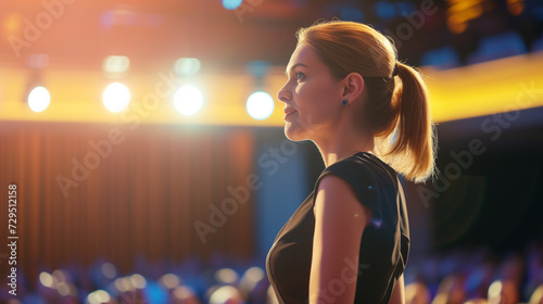 Eine Frau steht am Rednerpult oder hält einen Vortrag photo