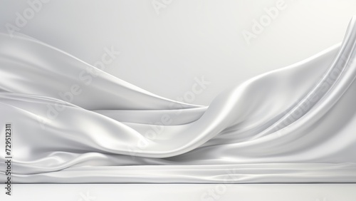 Glossy white stage with flowing silver silk drapes, Premium showcase mockup template for Beauty, Cosmetic, Luxury products, with copy space for text