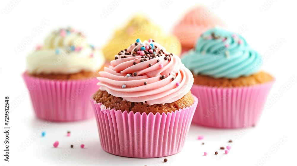 A Colorful Array of Gourmet Cupcakes Adorned with Sprinkles and Swirled Frosting
