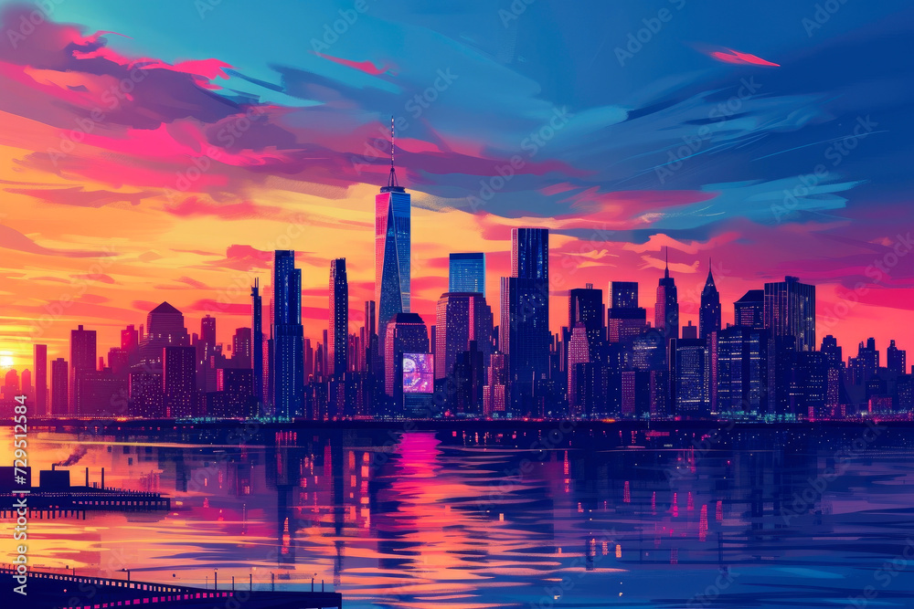 Fototapeta premium Dynamic Cityscape: New York's Sunset Adventure in Comics