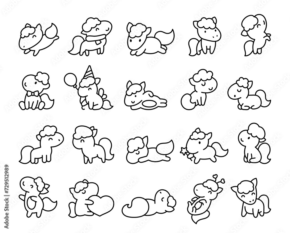 Cute kawaii pony. Coloring Page. Cartoon funny baby horse characters. Hand drawn style. Vector drawing. Collection of design elements.