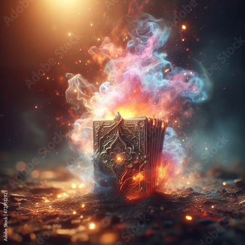 Book burning with magical fire, colorful smoke coming out photo