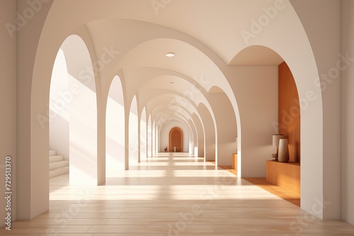 A long hallway with arches and wooden floors stretching into the distance. © pham