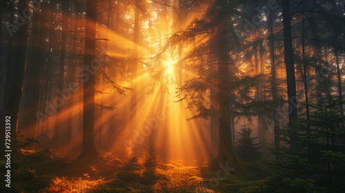 An enchanting view of a misty forest at sunrise with rays of light piercing through the trees.