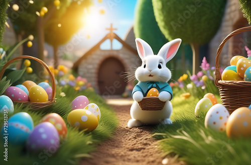 Easter storybook scene, where whimsical characters, adorned with festive attire, come to life in vibrant and enchanting world