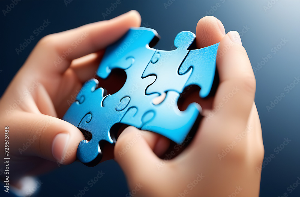 World Autism Awareness Day concept. Blue piece of a puzzle in the hands of a child with an intricate design that reflects the complexity of the autistic brain World Autism Awareness Day concept. Blue piece of a puzzle in the hands of a child with an intricate design that reflects the complexity of the autistic brain