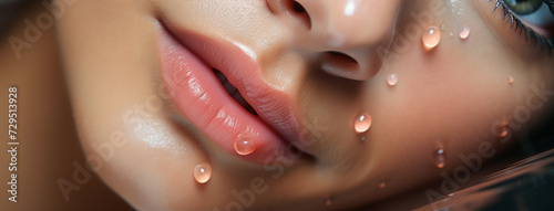 A wide panoramic macro closeup photo of a cute lady face with beautiful facial makeup  pink color lips and smooth skin 