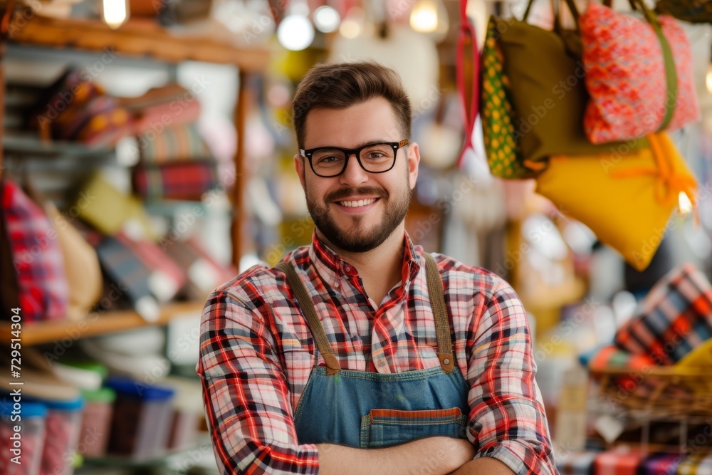 Business owner portrait of positive man store keeper in casual uniform smiling and looking at camera.