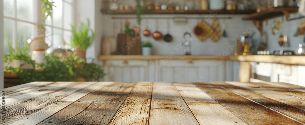 Wooden table on blurred kitchen bench background, Advertisement, Print media, Illustration, Banner, for website, copy space, for word, template, presentation