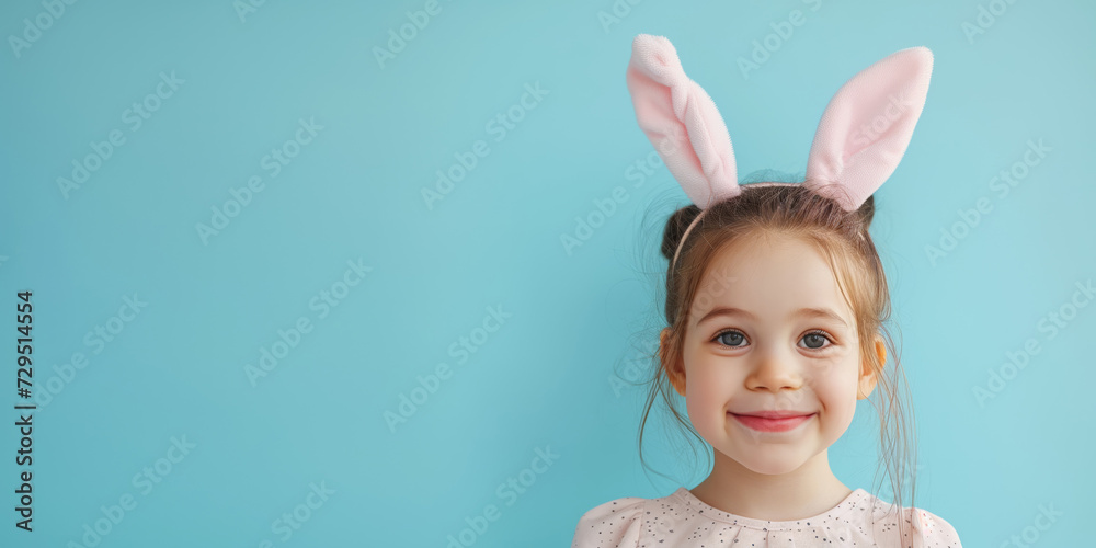 Fun little girl with pink bunny ears on a coloured background smiling with space for your text, Easter holiday